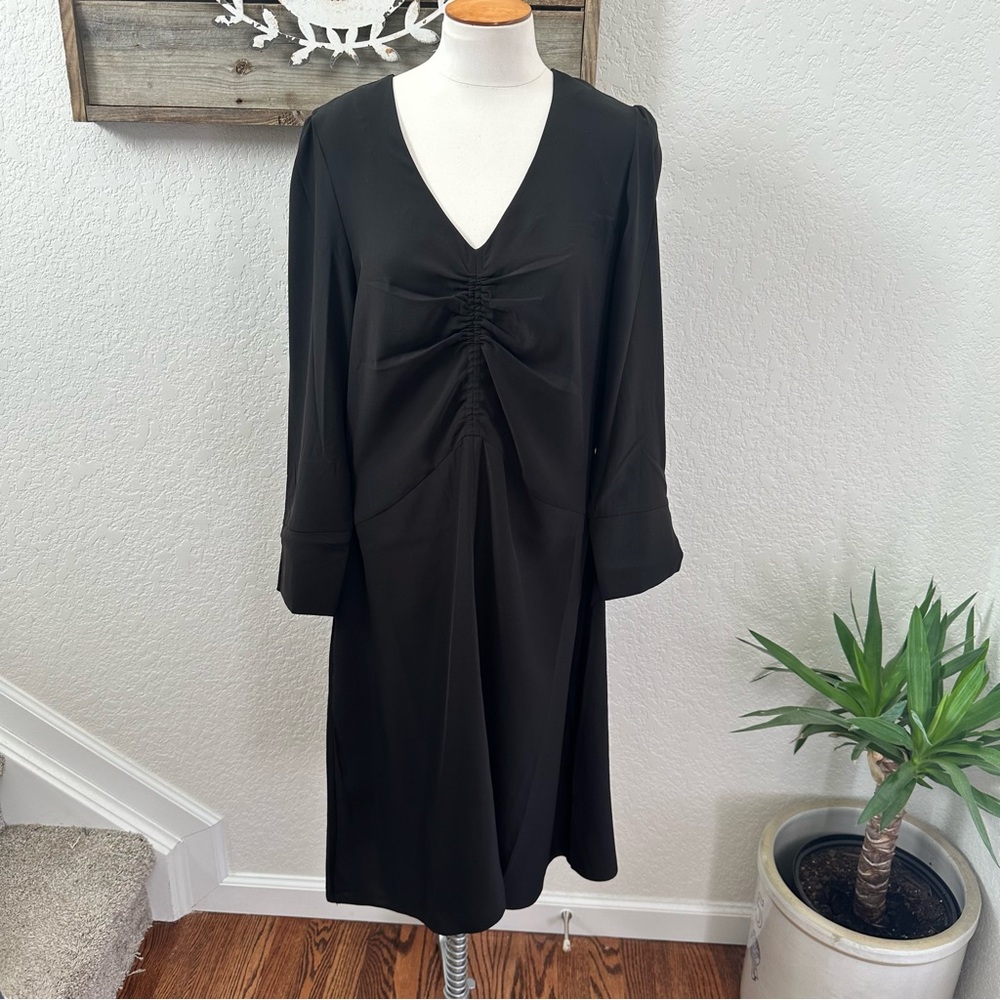 Banana Republic Factory Black A-Line Dress with Long Bishop Sleeves and V-Neck